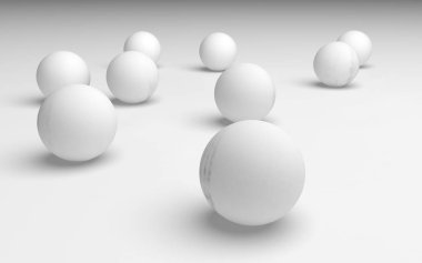 Beyaz soyut arka plan. Beyaz toplar beyaz arka planda izole edilmiş. 3B illüstrasyon