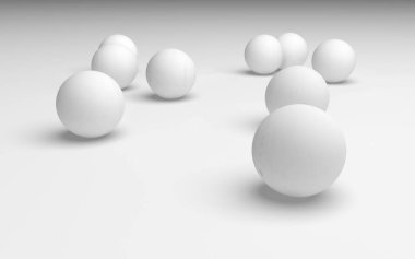 Beyaz soyut arka plan. Beyaz toplar beyaz arka planda izole edilmiş. 3B illüstrasyon