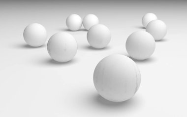 Beyaz soyut arka plan. Beyaz toplar beyaz arka planda izole edilmiş. 3B illüstrasyon