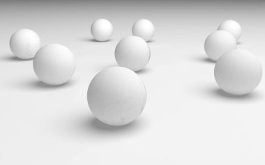 Beyaz soyut arka plan. Beyaz toplar beyaz arka planda izole edilmiş. 3B illüstrasyon