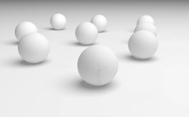 Beyaz soyut arka plan. Beyaz toplar beyaz arka planda izole edilmiş. 3B illüstrasyon