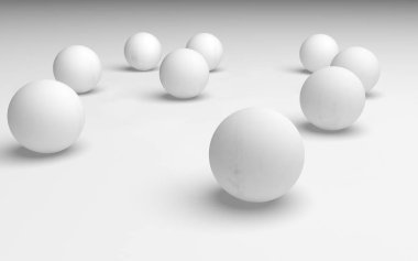 Beyaz soyut arka plan. Beyaz toplar beyaz arka planda izole edilmiş. 3B illüstrasyon