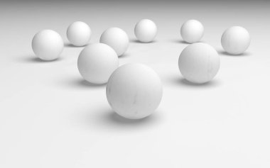 Beyaz soyut arka plan. Beyaz toplar beyaz arka planda izole edilmiş. 3B illüstrasyon