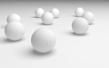 Beyaz soyut arka plan. Beyaz toplar beyaz arka planda izole edilmiş. 3B illüstrasyon