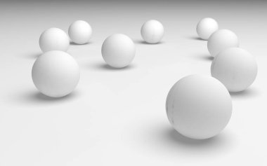 Beyaz soyut arka plan. Beyaz toplar beyaz arka planda izole edilmiş. 3B illüstrasyon
