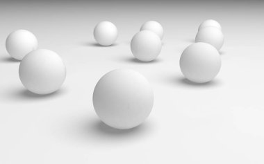 Beyaz soyut arka plan. Beyaz toplar beyaz arka planda izole edilmiş. 3B illüstrasyon