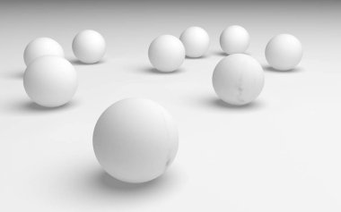 Beyaz soyut arka plan. Beyaz toplar beyaz arka planda izole edilmiş. 3B illüstrasyon