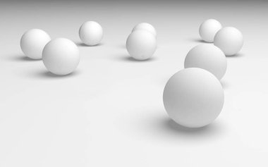 Beyaz soyut arka plan. Beyaz toplar beyaz arka planda izole edilmiş. 3B illüstrasyon