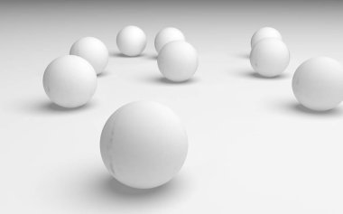 Beyaz soyut arka plan. Beyaz toplar beyaz arka planda izole edilmiş. 3B illüstrasyon