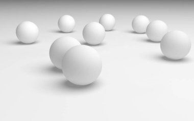 Beyaz soyut arka plan. Beyaz toplar beyaz arka planda izole edilmiş. 3B illüstrasyon
