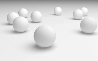 Beyaz soyut arka plan. Beyaz toplar beyaz arka planda izole edilmiş. 3B illüstrasyon