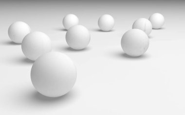 Beyaz soyut arka plan. Beyaz toplar beyaz arka planda izole edilmiş. 3B illüstrasyon