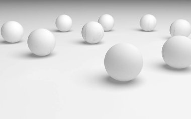 Beyaz soyut arka plan. Beyaz toplar beyaz arka planda izole edilmiş. 3B illüstrasyon