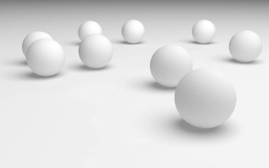 Beyaz soyut arka plan. Beyaz toplar beyaz arka planda izole edilmiş. 3B illüstrasyon