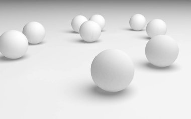 Beyaz soyut arka plan. Beyaz toplar beyaz arka planda izole edilmiş. 3B illüstrasyon