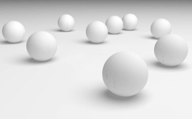 Beyaz soyut arka plan. Beyaz toplar beyaz arka planda izole edilmiş. 3B illüstrasyon