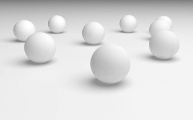 Beyaz soyut arka plan. Beyaz toplar beyaz arka planda izole edilmiş. 3B illüstrasyon