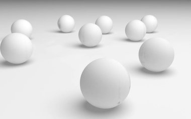 Beyaz soyut arka plan. Beyaz toplar beyaz arka planda izole edilmiş. 3B illüstrasyon