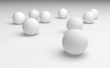 Beyaz soyut arka plan. Beyaz toplar beyaz arka planda izole edilmiş. 3B illüstrasyon