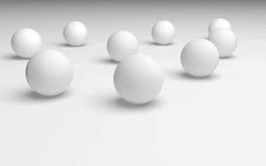 Beyaz soyut arka plan. Beyaz toplar beyaz arka planda izole edilmiş. 3B illüstrasyon