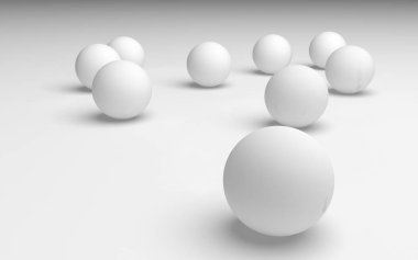 Beyaz soyut arka plan. Beyaz toplar beyaz arka planda izole edilmiş. 3B illüstrasyon