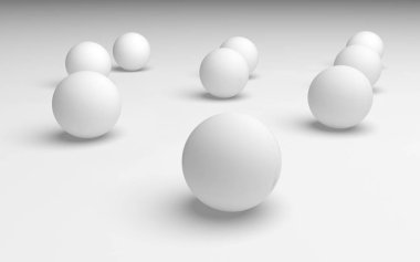 Beyaz soyut arka plan. Beyaz toplar beyaz arka planda izole edilmiş. 3B illüstrasyon