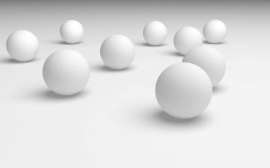 Beyaz soyut arka plan. Beyaz toplar beyaz arka planda izole edilmiş. 3B illüstrasyon