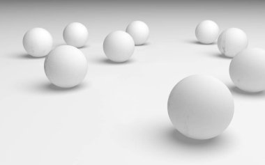 Beyaz soyut arka plan. Beyaz toplar beyaz arka planda izole edilmiş. 3B illüstrasyon