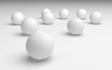 Beyaz soyut arka plan. Beyaz toplar beyaz arka planda izole edilmiş. 3B illüstrasyon