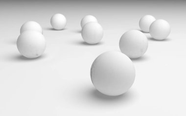 Beyaz soyut arka plan. Beyaz toplar beyaz arka planda izole edilmiş. 3B illüstrasyon