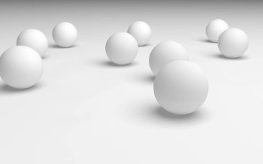 Beyaz soyut arka plan. Beyaz toplar beyaz arka planda izole edilmiş. 3B illüstrasyon