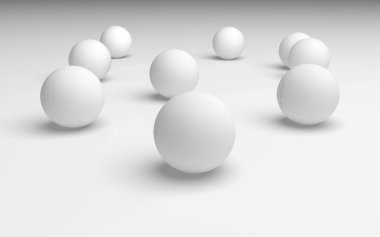 Beyaz soyut arka plan. Beyaz toplar beyaz arka planda izole edilmiş. 3B illüstrasyon