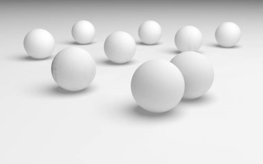 Beyaz soyut arka plan. Beyaz toplar beyaz arka planda izole edilmiş. 3B illüstrasyon