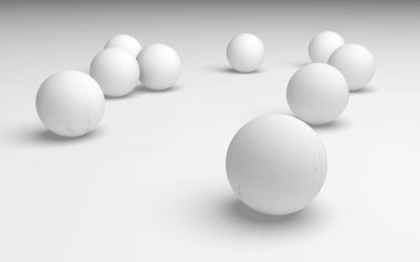 Beyaz soyut arka plan. Beyaz toplar beyaz arka planda izole edilmiş. 3B illüstrasyon