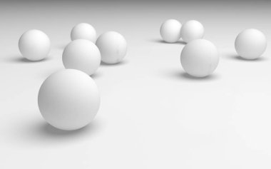 Beyaz soyut arka plan. Beyaz toplar beyaz arka planda izole edilmiş. 3B illüstrasyon