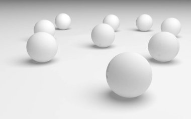 Beyaz soyut arka plan. Beyaz toplar beyaz arka planda izole edilmiş. 3B illüstrasyon