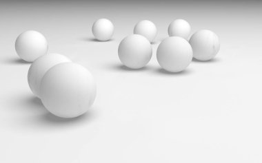 Beyaz soyut arka plan. Beyaz toplar beyaz arka planda izole edilmiş. 3B illüstrasyon