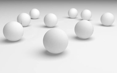 Beyaz soyut arka plan. Beyaz toplar beyaz arka planda izole edilmiş. 3B illüstrasyon