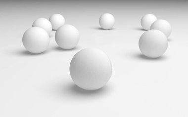 Beyaz soyut arka plan. Beyaz toplar beyaz arka planda izole edilmiş. 3B illüstrasyon