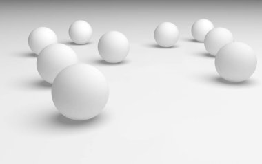 Beyaz soyut arka plan. Beyaz toplar beyaz arka planda izole edilmiş. 3B illüstrasyon