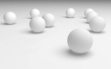 Beyaz soyut arka plan. Beyaz toplar beyaz arka planda izole edilmiş. 3B illüstrasyon