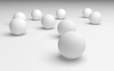 Beyaz soyut arka plan. Beyaz toplar beyaz arka planda izole edilmiş. 3B illüstrasyon