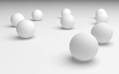 Beyaz soyut arka plan. Beyaz toplar beyaz arka planda izole edilmiş. 3B illüstrasyon