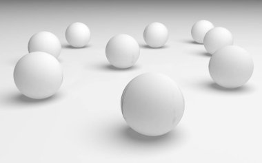 Beyaz soyut arka plan. Beyaz toplar beyaz arka planda izole edilmiş. 3B illüstrasyon