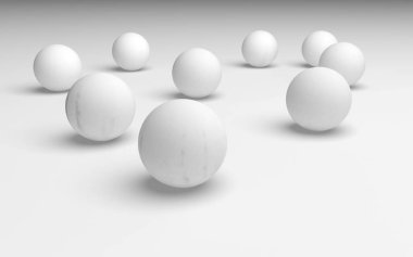 Beyaz soyut arka plan. Beyaz toplar beyaz arka planda izole edilmiş. 3B illüstrasyon