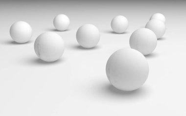 Beyaz soyut arka plan. Beyaz toplar beyaz arka planda izole edilmiş. 3B illüstrasyon