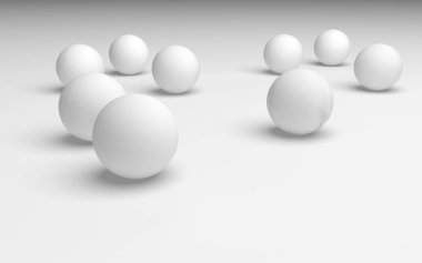 Beyaz soyut arka plan. Beyaz toplar beyaz arka planda izole edilmiş. 3B illüstrasyon