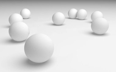 Beyaz soyut arka plan. Beyaz toplar beyaz arka planda izole edilmiş. 3B illüstrasyon