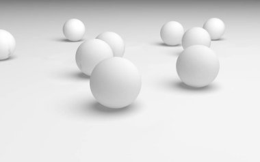 Beyaz soyut arka plan. Beyaz toplar beyaz arka planda izole edilmiş. 3B illüstrasyon