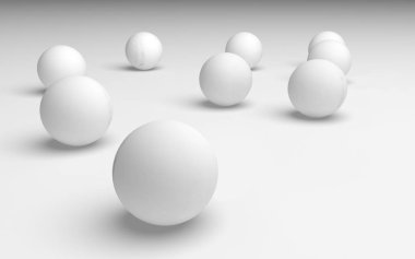 Beyaz soyut arka plan. Beyaz toplar beyaz arka planda izole edilmiş. 3B illüstrasyon